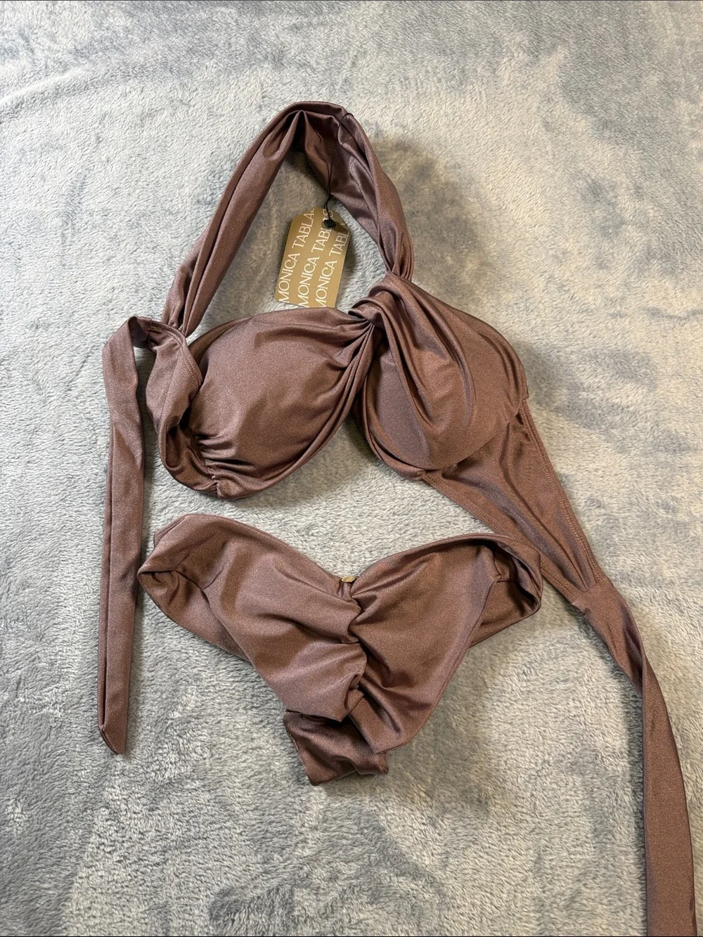 Monica Tablas Womens Brown Twist Front Halter Bikini Set with Cover Up Skirt XS